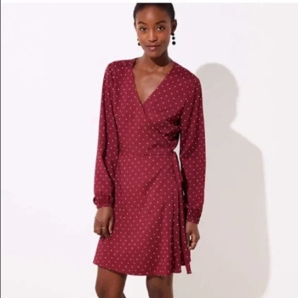 LOFT Burgundy Cream Star Print Polyester Long Sleeve Wrap Dress Size 8